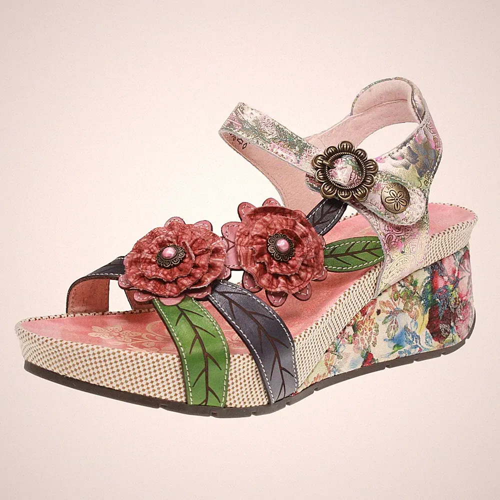 Laura Vita Leder gemusterte Sandalen mit rosa Keilabsatz - Größe 41 [25,8 cm] Schuhe