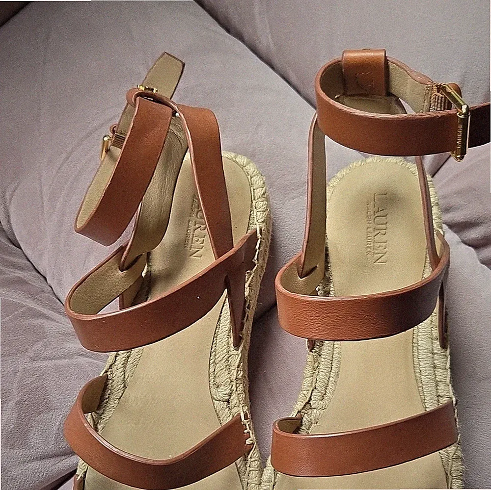 Lauren Ralph Lauren Damen Riemchen-Sandalen Leder Braun/Beige Keilabsatz EU 42