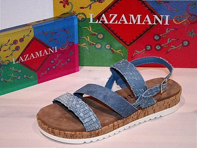 LAZAMANI Jeans-Sandalette Plateau Sandale Fransen Blau Reptil Kork - Neu!