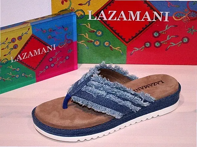 LAZAMANI Jeans-Sandalette Plateau Zehentrenner Sandale Fransen Blau - Neu!