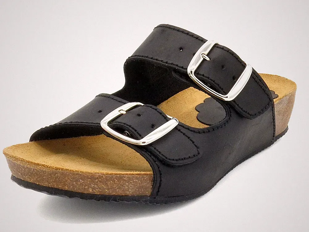Leder Sandalen mit Keilabsatz Damen Pantoletten mit Fußbett Kork Sandalen Kei...