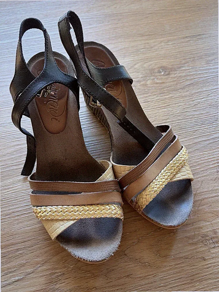 Leder Sandaletten Damen Größe 37 Braun Grau Schwarz Wedges Keilabsatz