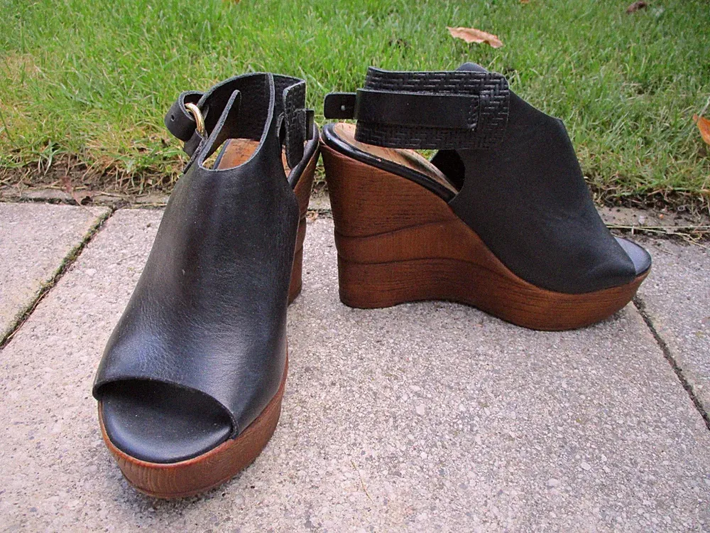 Leder Slingback Holzlook-Keilabsatz Anklebooties- Gr.37