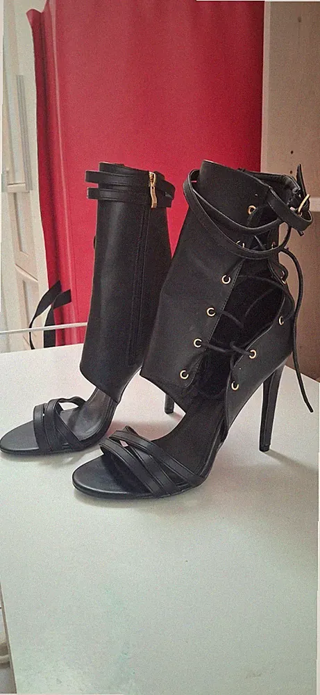 Leder Stiefelette Schwarz Gr. 41 Schnürung seitlich Hoher Absatz 12 cm
