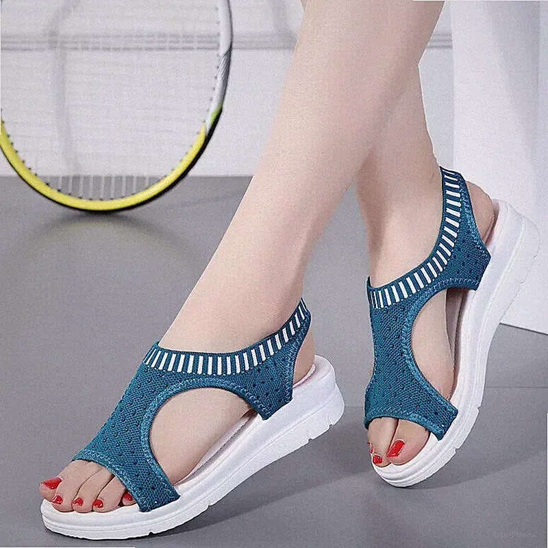 leichte Damen Sandalen Slipper Canvas Keilabsatz 4 cm bequem sportlich blau weiß 2020