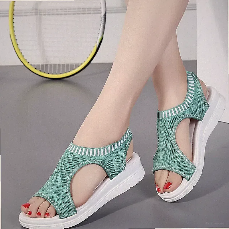 leichte Damen Sandalen Slipper Canvas Keilabsatz 4 cm bequem sportlich grün weiß 2020