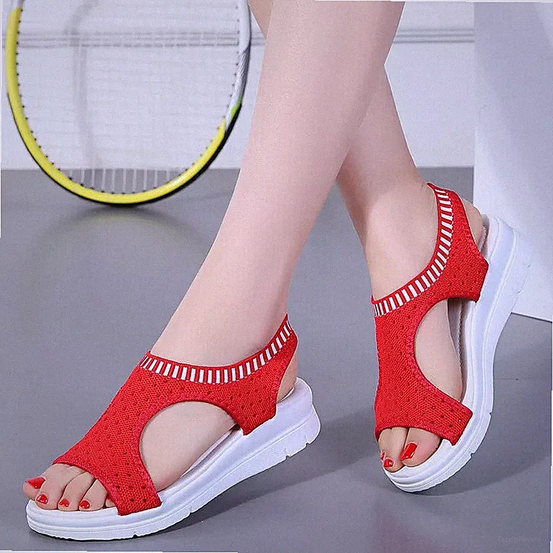 leichte Damen Sandalen Slipper Canvas Keilabsatz 4 cm bequem sportlich rot weiß 2020