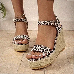 Leopard Keilabsatz Damen Sandalen Absatz Schnalle Gürtel
