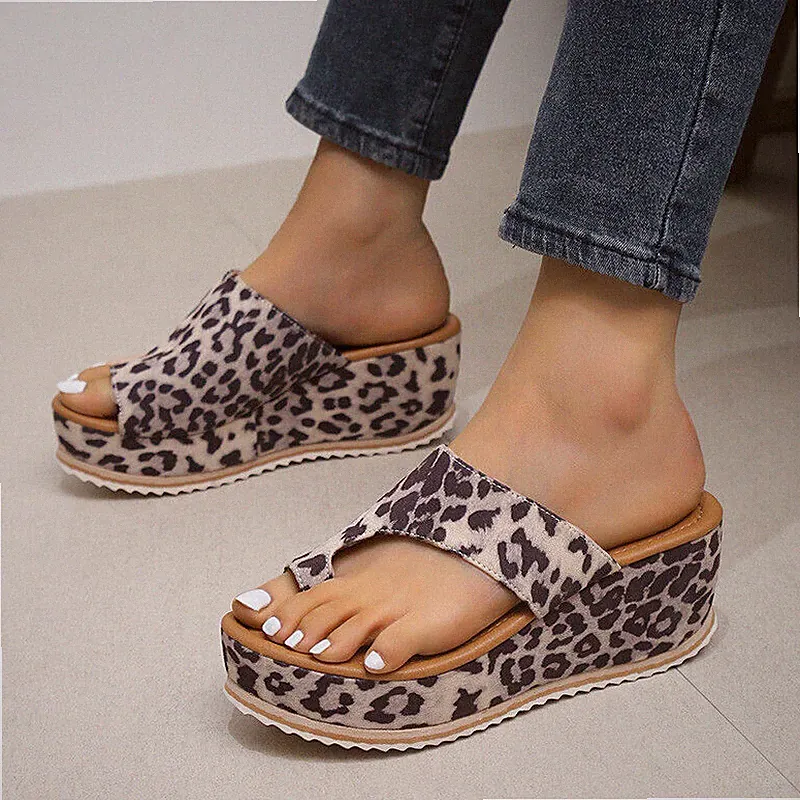 Leopardendruck Keilabsatz Damen High Heel Flip Flops