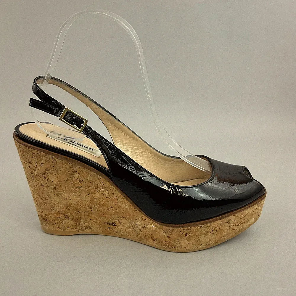 LK Bennett Sandalen Gr. UK7 schwarz Lack Slingback Plateau Keilabsatz offene Zehenpartie