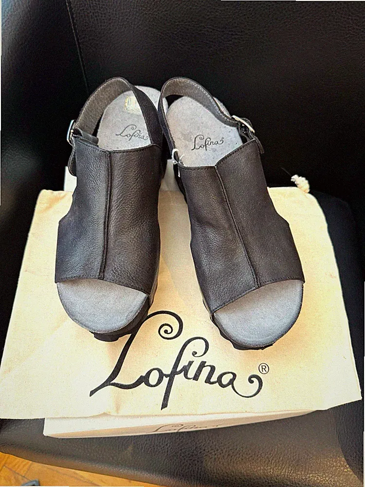 Lofina Damen Sandalen Leder Schwarz Slingback Keilabsatz Plateau EU 40 2E163