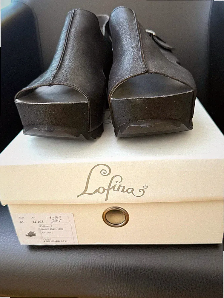 Lofina Damen Sandalen Leder Schwarz Slingback Keilabsatz Plateau EU 41 2E163