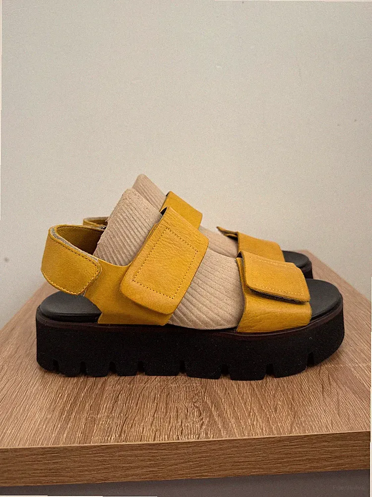 Lofina Sandalen Schuhe gelb Plateau Chunky Leder Keilabsatz Größe UK 6 EU 39