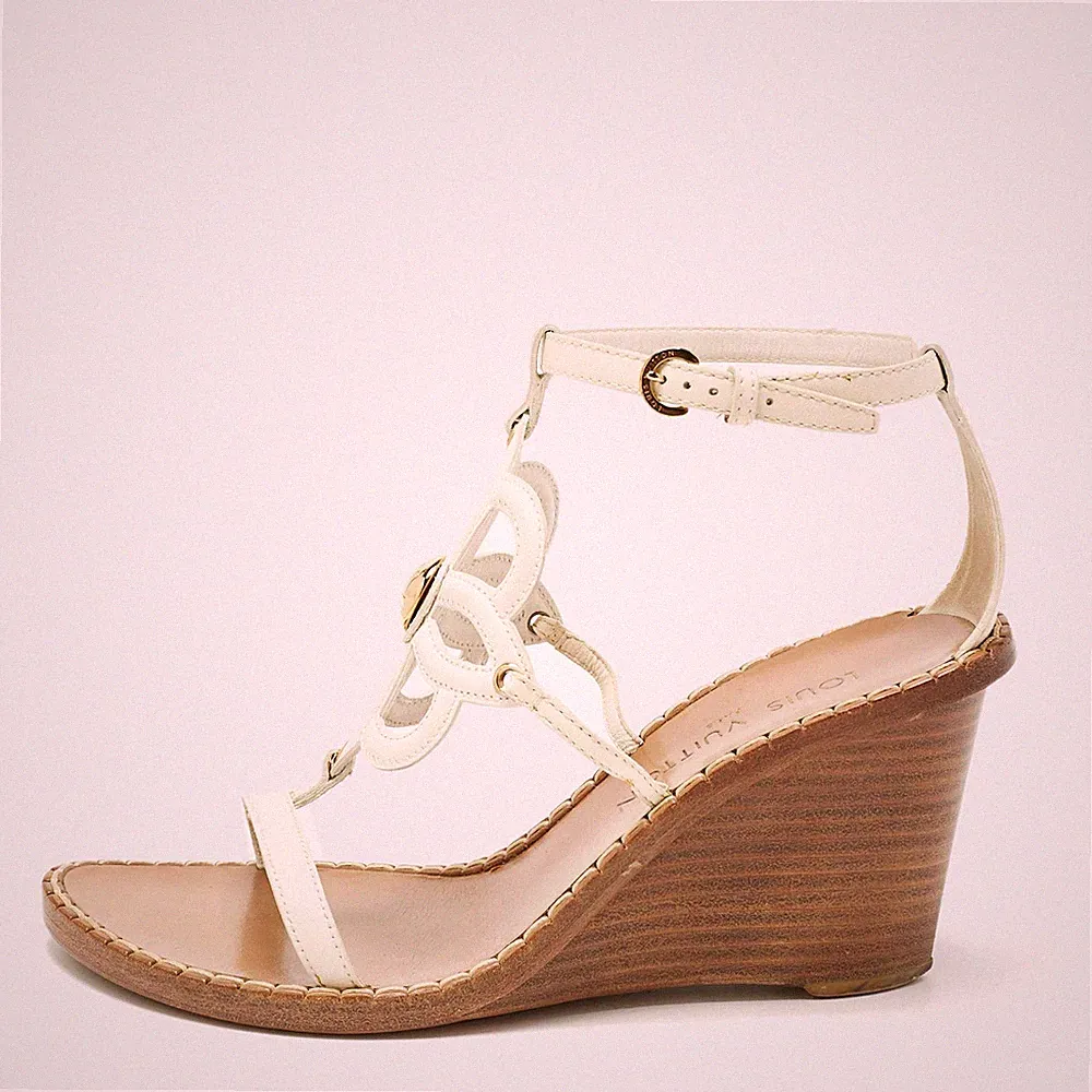 Louis Vuitton Sandalen Weiß Leder Glanz Keilabsatz Größe 37,5