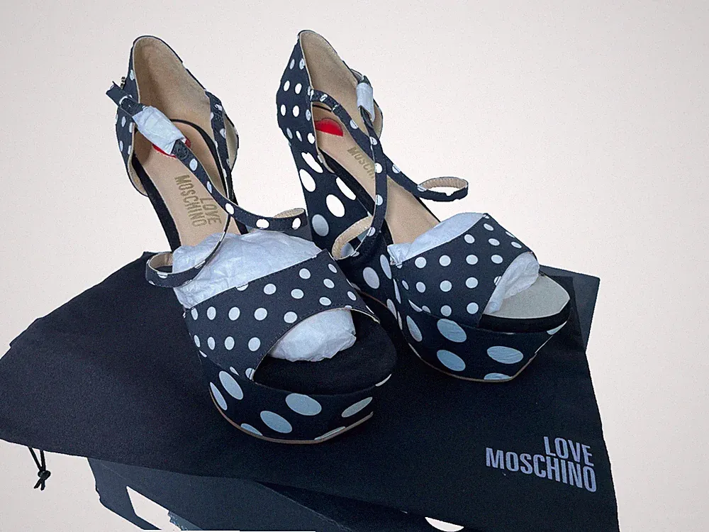 Love Moschino Keilabsatz Sandalen Plateau Polka Dot Schwarz & Weiß UK 4 EU 37