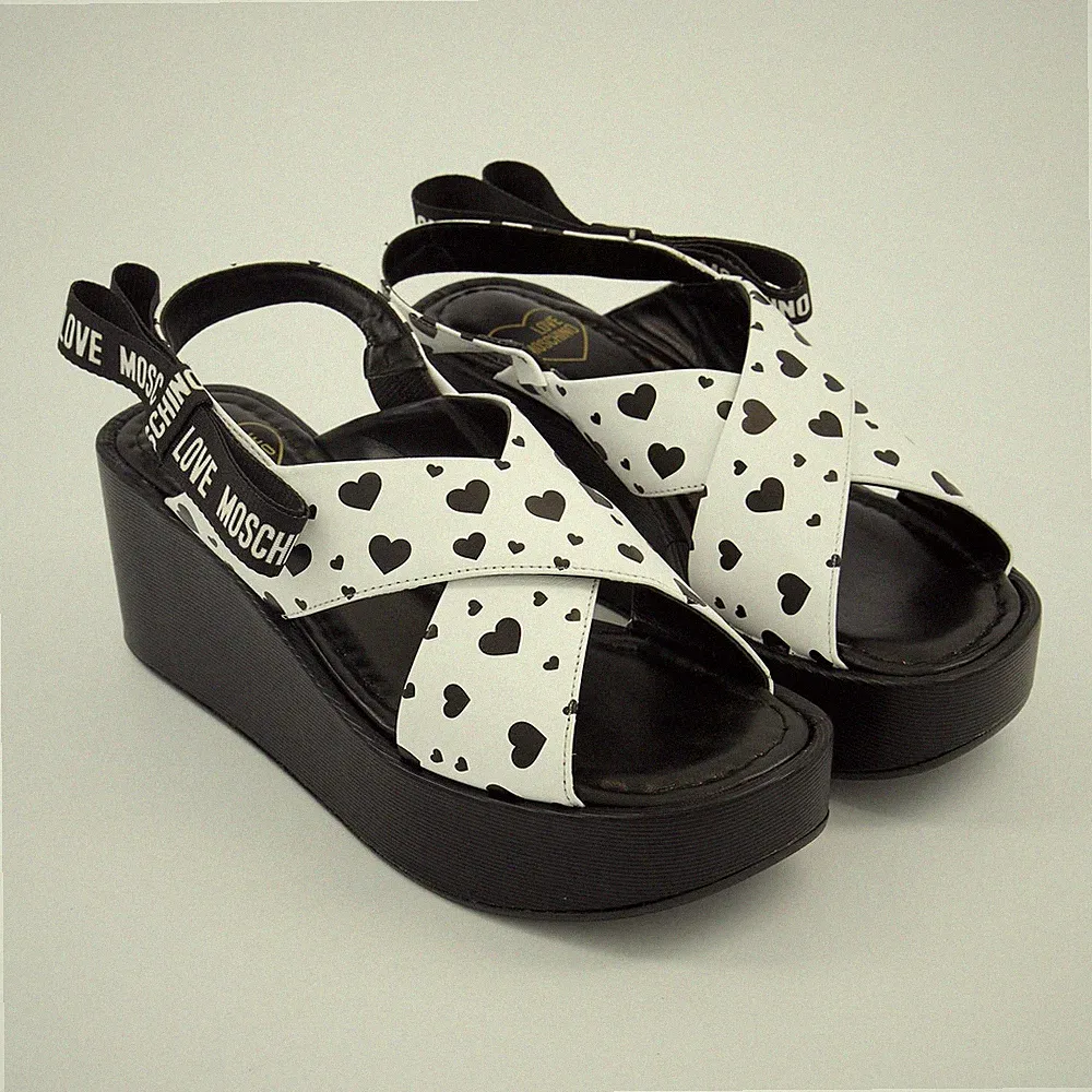 Love Moschino Weiß Herz Keilabsatz Leder Sandalen UK Größe 5