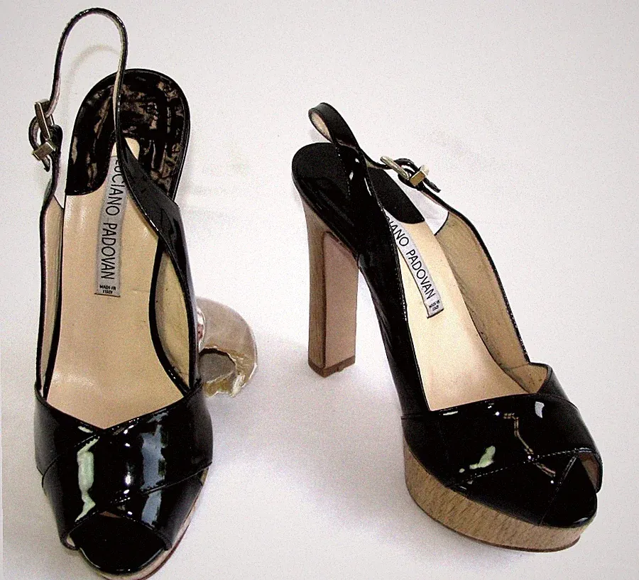 Luciano Padovan Damen Sandalen Keilabsatz 12 cm Plateau Lackleder Schwarz 36