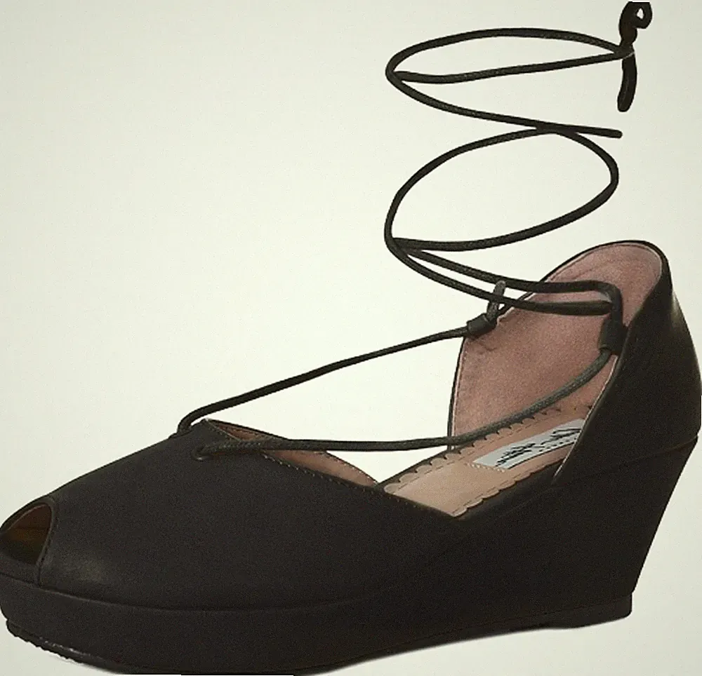 Lulu Hun JOANNA Vintage LACE UP Peeptoe WEDGES Keilabsatz Pumps Black Rockabilly