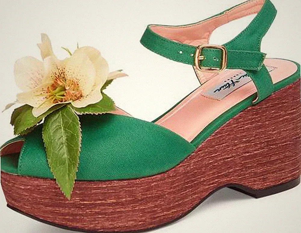 Lulu Hun KELLIE Vintage FLOWER Blumen WEDGES Keilabsatz Sandalen Grün Rockabilly