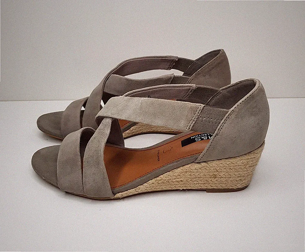 M&S DAMEN-ESPADRILLE-SANDALEN 5UK EU38 GRAU VELOURSLEDER MITTELHOHER KEILABSATZ