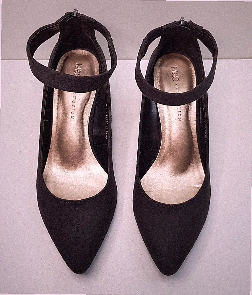 M&S GRÖSSE 6 UK EUR 39 DAMEN GRAU MITTELHOHER KEILABSATZ PUMPS SCHUHE REISSVERSCHLUSS HINTEN KNÖCHELRIEMEN
