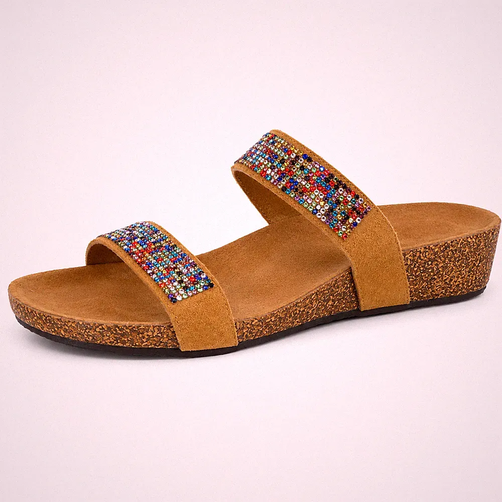Made in Italy Crystal Embellished Suede Slide Sandals Tan Cork Footbed EU39 UK6