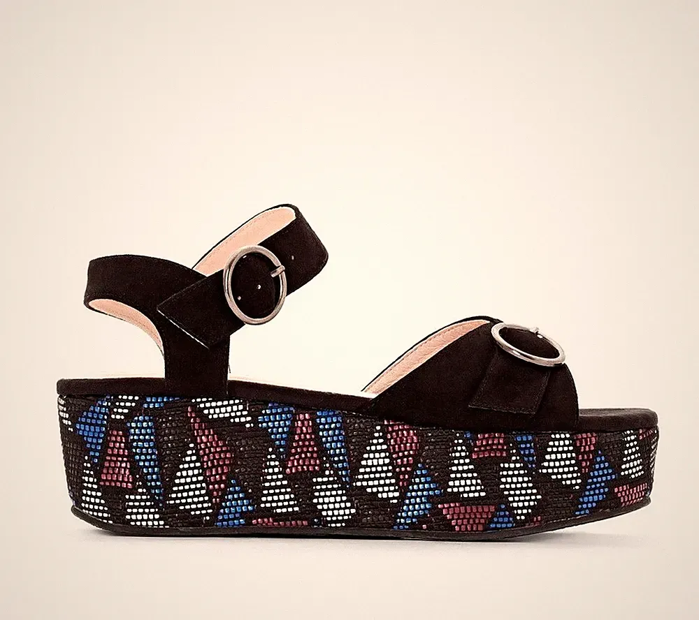Mademoiselle La Redoute Damen-Sandalen UK 7,5 EU 41 schwarz/multi Plateau Keilabsatz