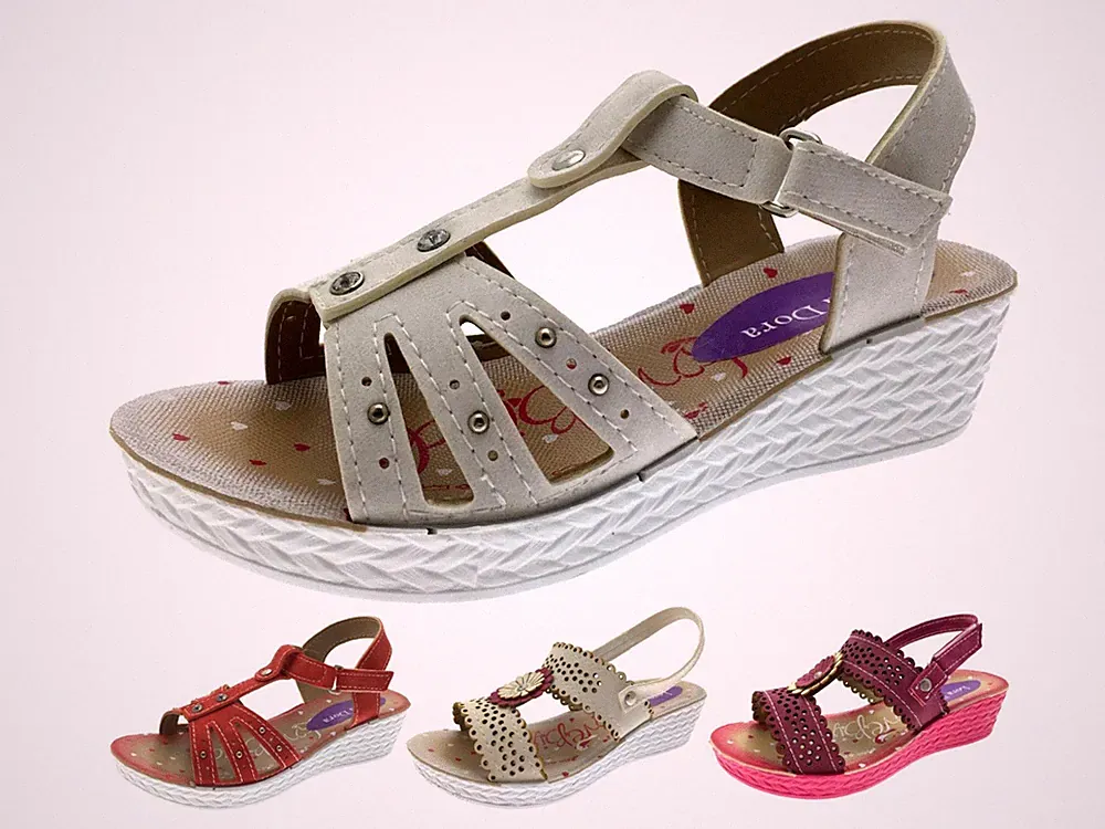 Mädchen Sandalen verstellbarer Riemen niedriger Keilabsatz Party Schuhe Blume T-Steg Keilabsätze Kinder