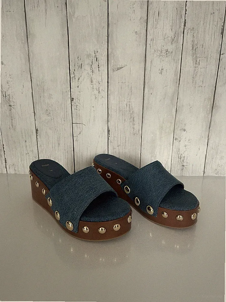 Maje Sandalen Nieten Keilabsatz Jeansblau Plateau Open Toe Schuhe Eur 38