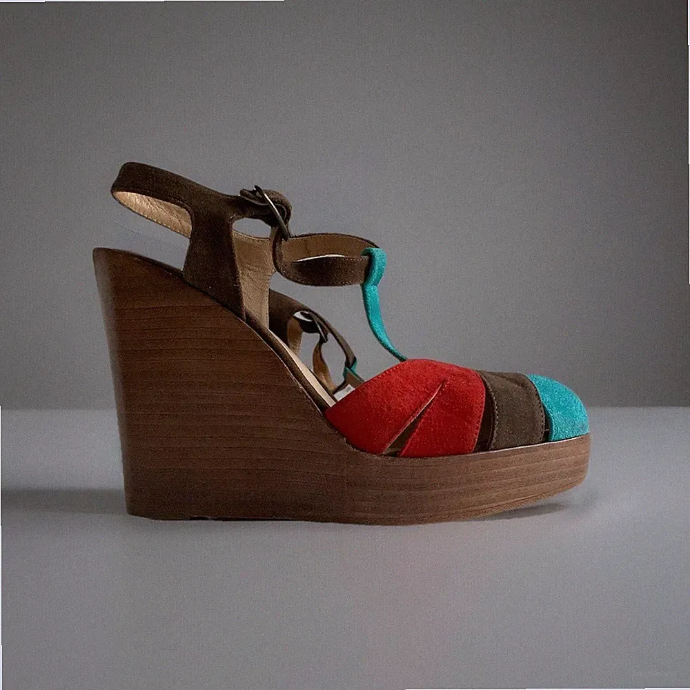 Marc Cain Sandalen Wedges Keilabsatz Leder Bunt Gr. 37 Made in Italy Retro