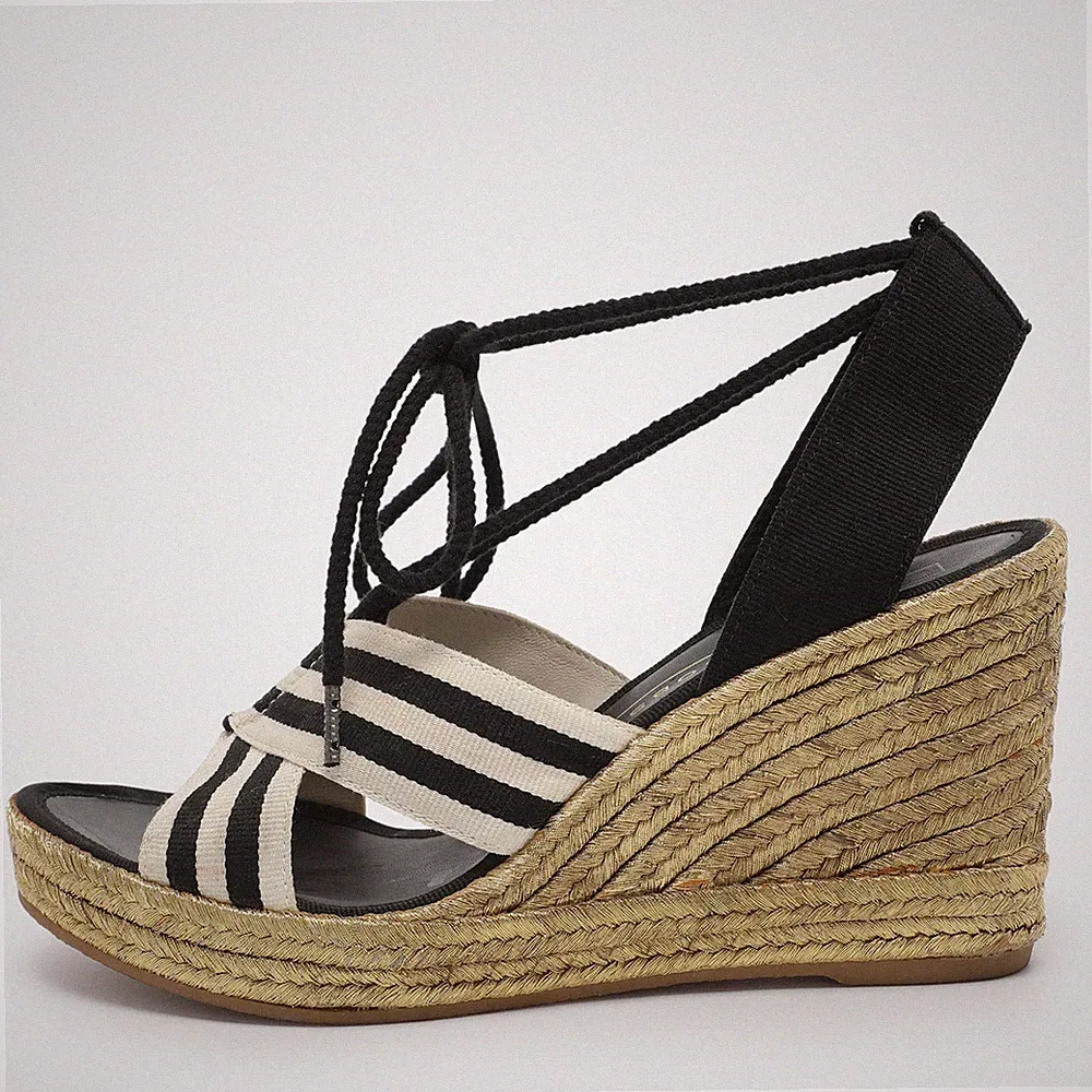 Marc Jacobs Espadrilles schwarz weiß gestreift Canvas Dani Keilabsatz Größe...