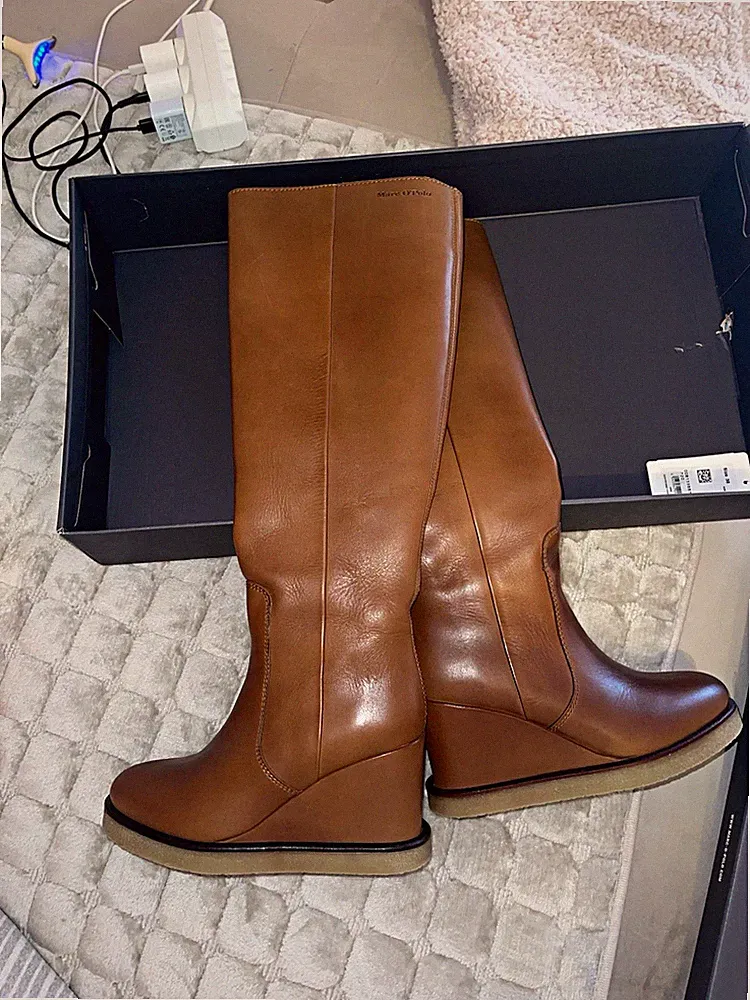 Marc O'Polo Damen Stiefel kniehoch Braun EU 38 Plateau Keilabsatz Leder
