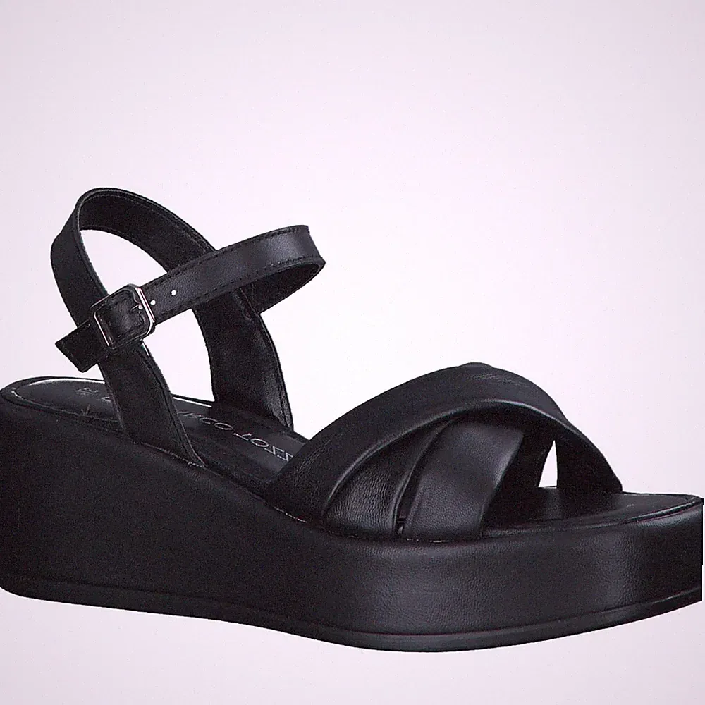 Marco Tozzi Adorah Damen Schwarze Keilabsatz Ledersandalen Peeptoe 28011-001