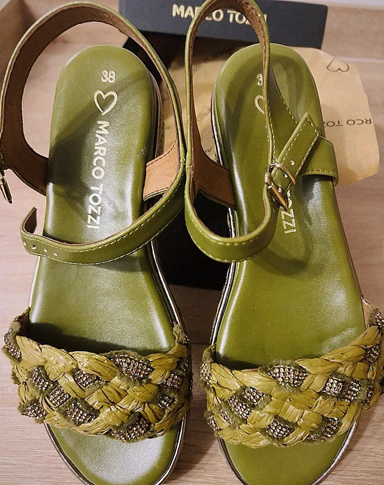 MARCO TOZZI Damen Sandalen grün geflochten Glitzer Keilabsatz Synthetik 38