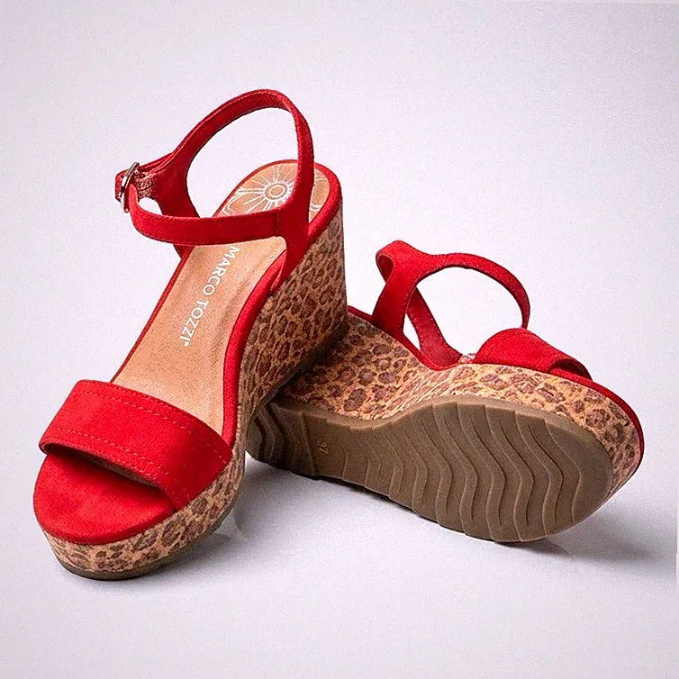 MARCO TOZZI Damen Sandalen Riemchen Leopardenmuster rot Keilabsatz 37