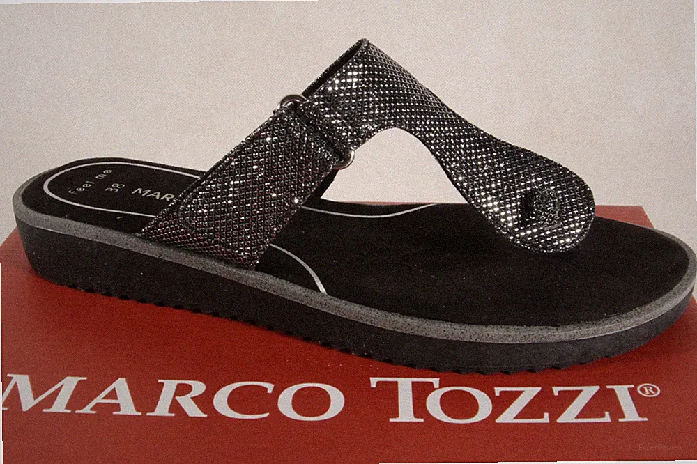 Marco Tozzi Zehenstegpantolette Pantoletten grau/ schwarz NEU!