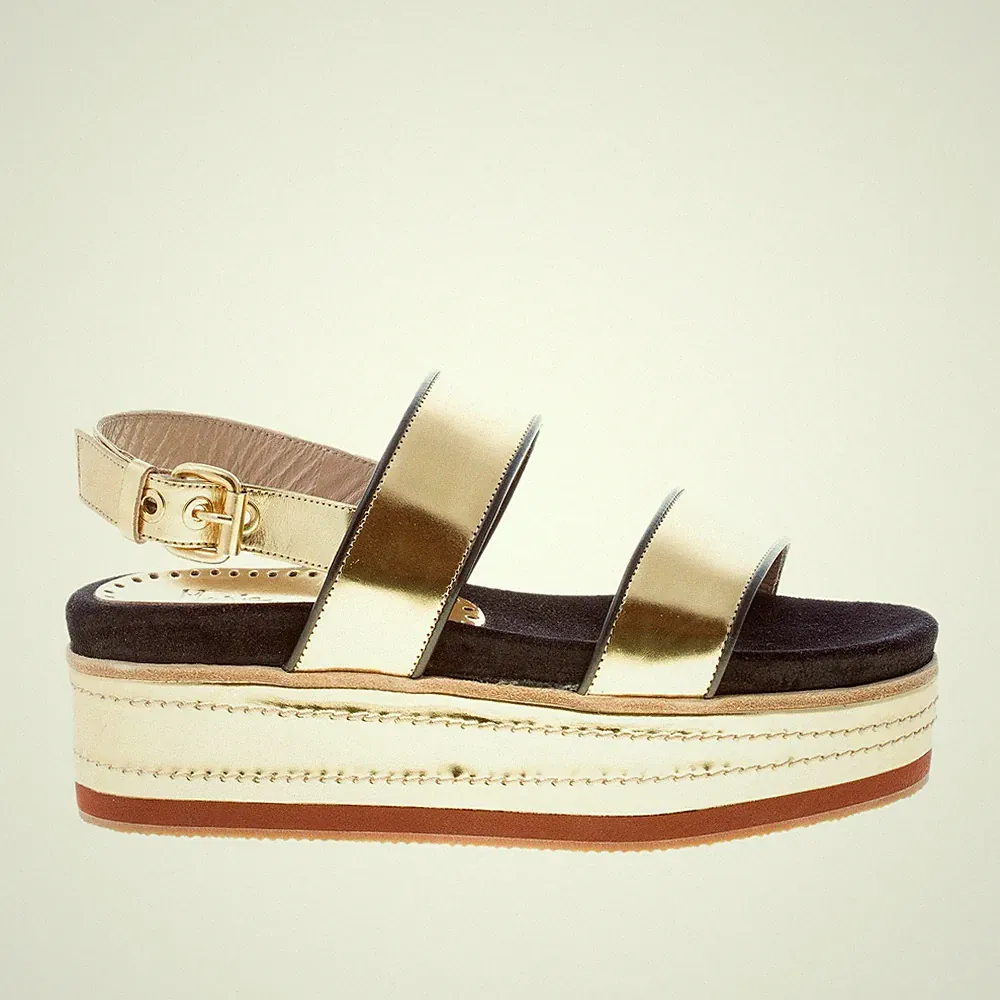 MARIA CRISTINA Damen Schuhe Plateau Sandale Leder verspiegelt gold Keilabsatz 5,5