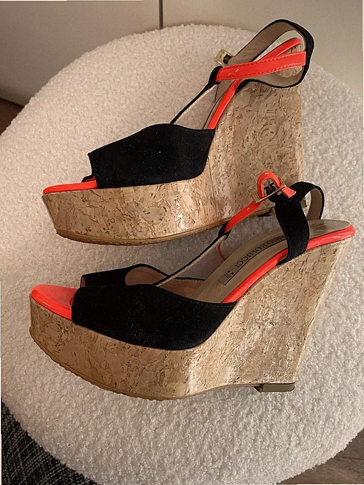 Mario Bolucci Keilabsatz Gr.35 Korkabsatz Schuhe Neon Orange schwarz High Heel