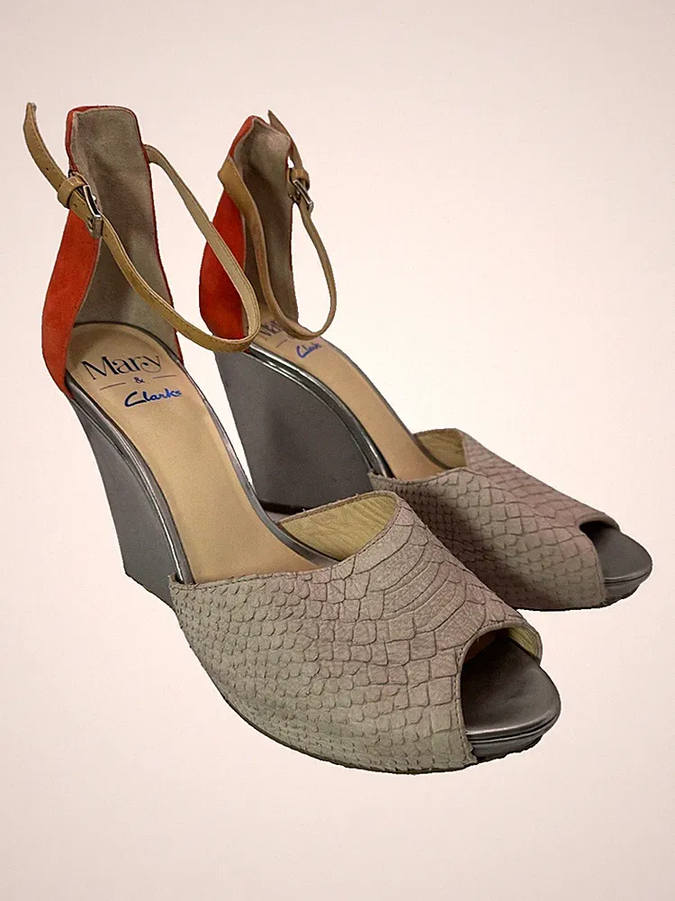 Mary Portas & Clarks Leder Keilabsatz Sandale Schuh beige orange silber UK 7