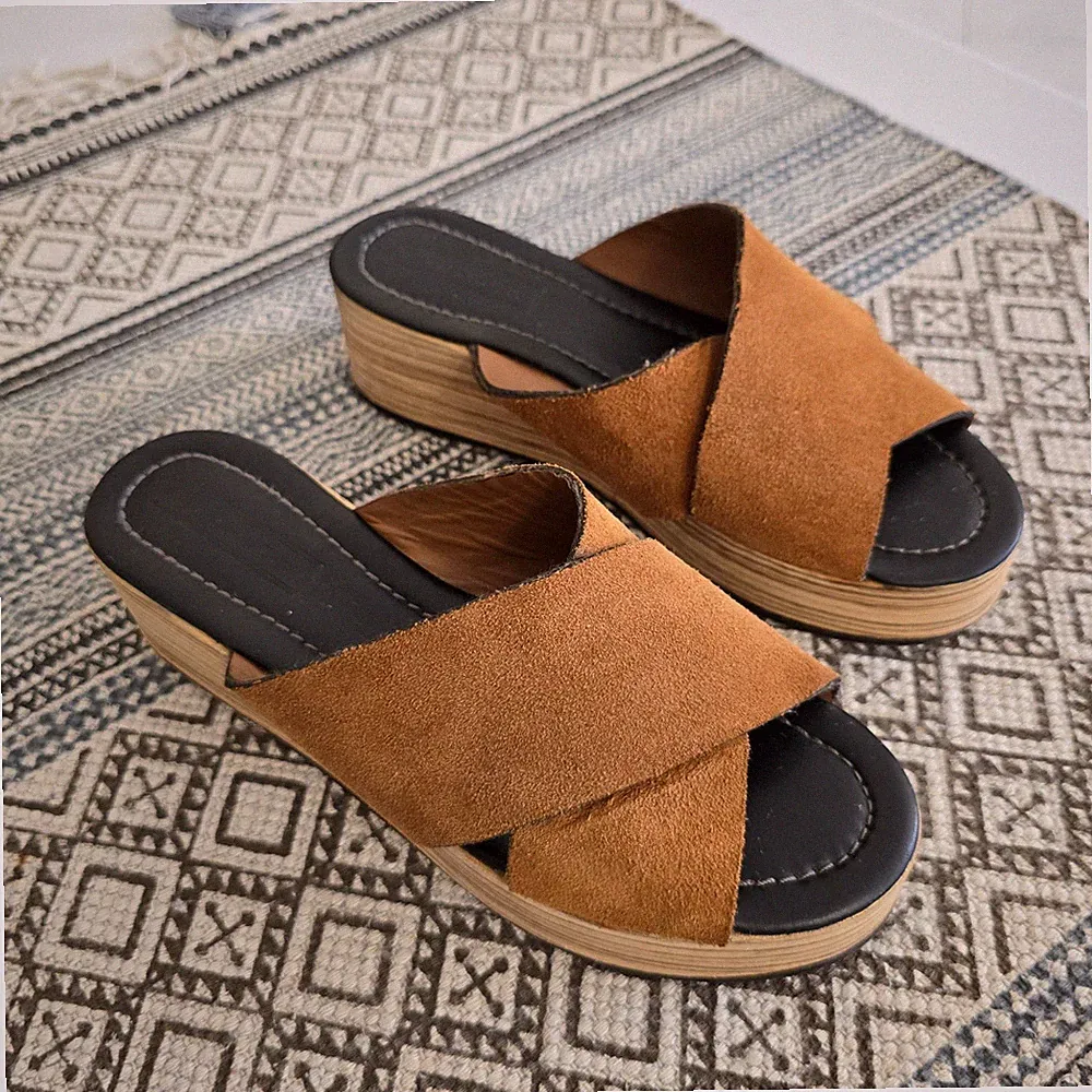 Massimo Dutti EU 40 Plateau Slide Sandalen Braun Wildleder Holz Keilabsatz Of...