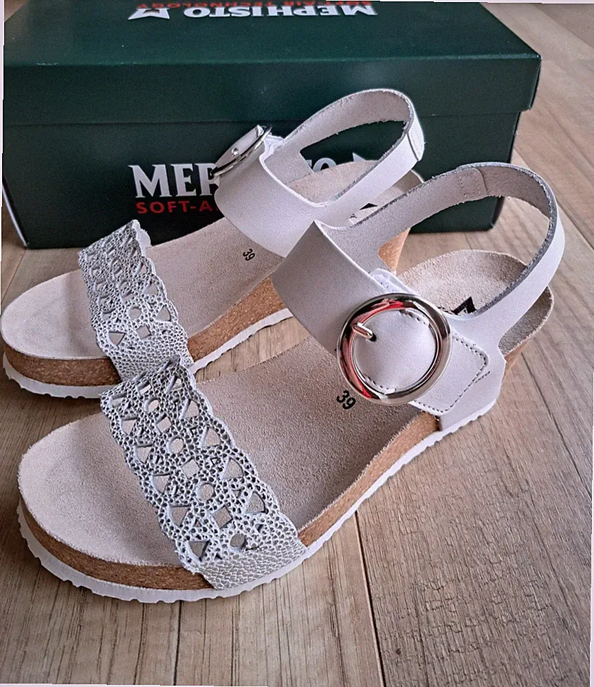 Mephisto Lee Sandalen Gr. 39 Leder, Korkfußbett, Metallic-Effekt, Klettverschluß