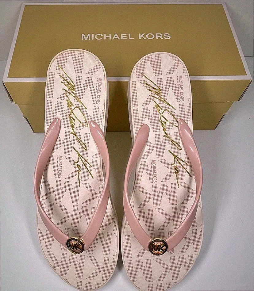 MICHAEL KORS Bedford Signature Pink Wedge Flip-Flops Jet Set Logo Sandals Sz 9