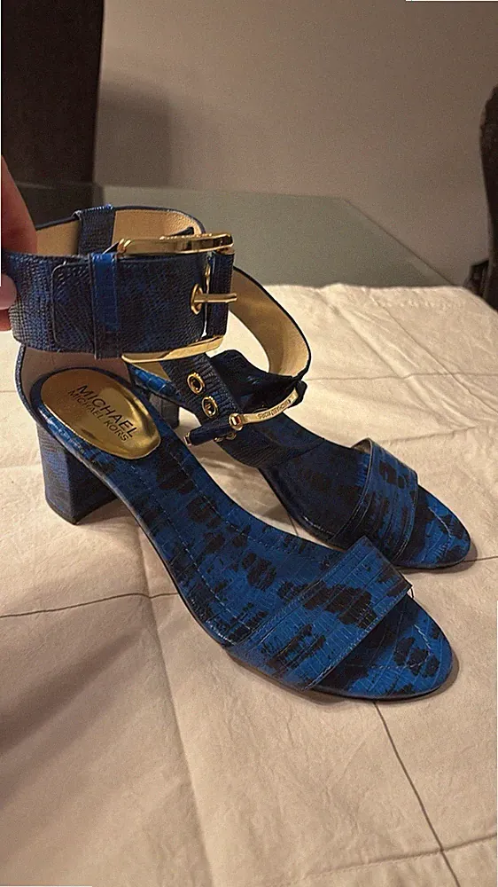 Michael Kors Blue &Gold Patent Block Heel Sandals 8M