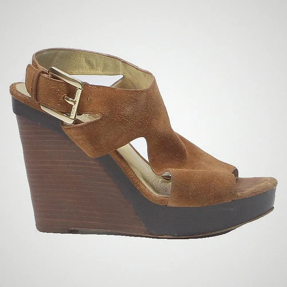 MICHAEL KORS Damen Braunes Leder Keilabsatz Sandalen UK 8 Stylisch Verstellbar