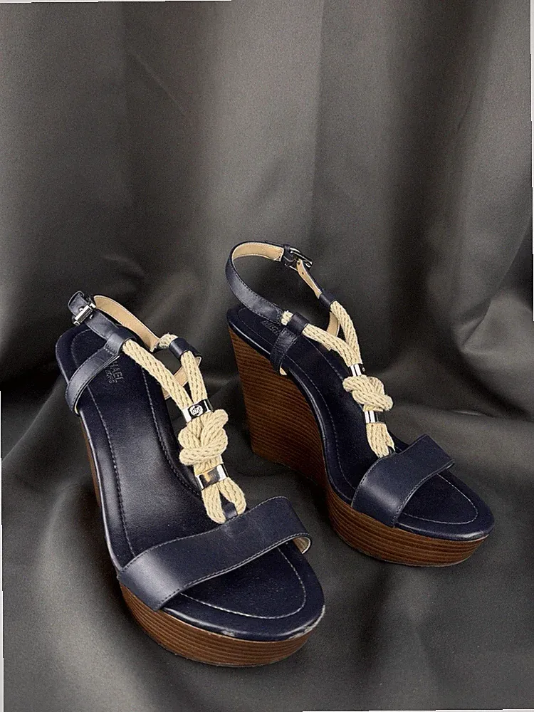 Michael Kors Damen Keilabsatz Sandalen Leder Gr. 38 blau/beige Kordel