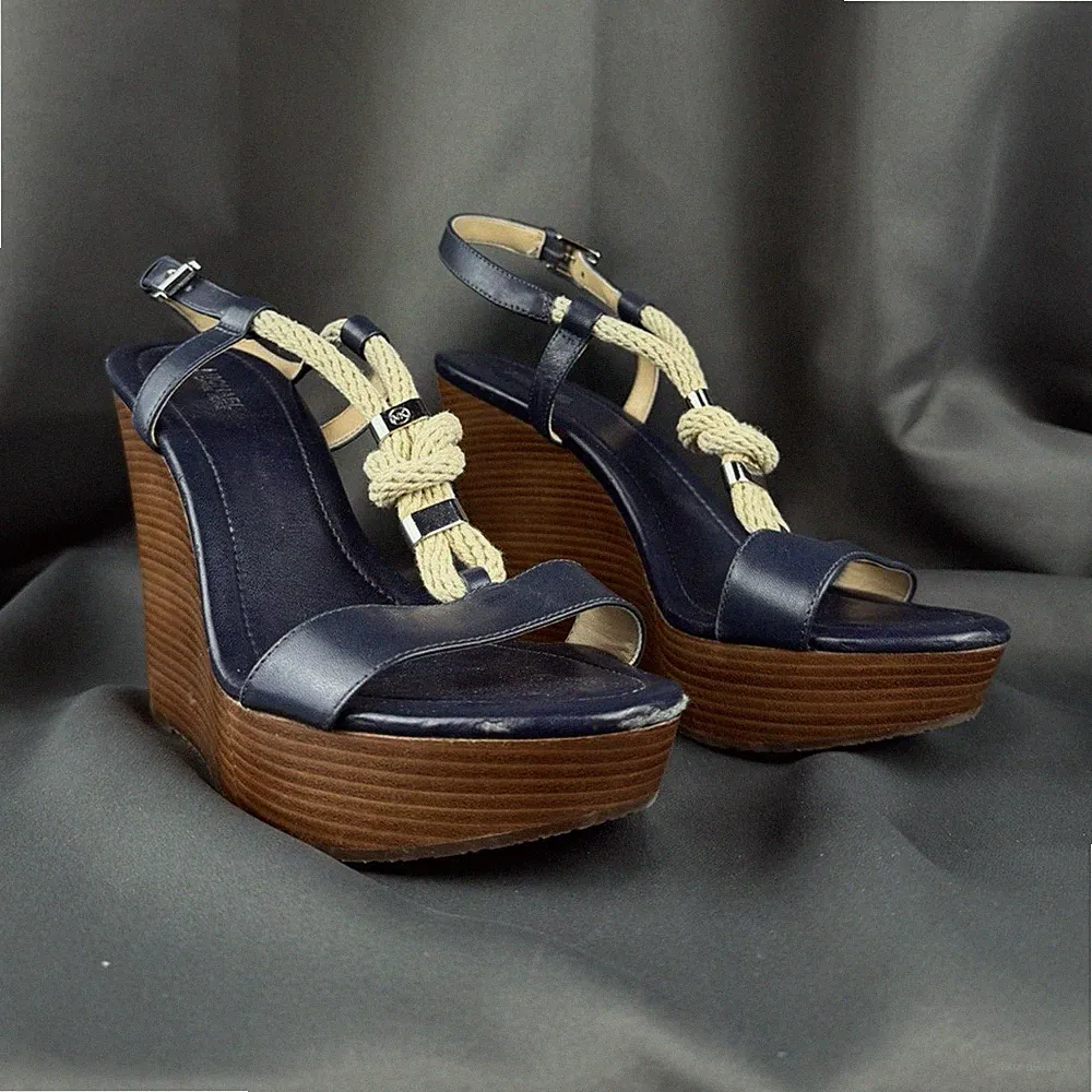 Michael Kors Damen Keilabsatz Sandalen Leder Gr. 38 blau/beige Kordel