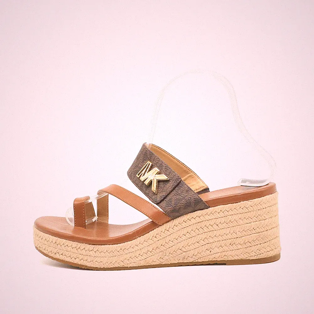 Michael Kors Damen Sandale EU 38 Wedge Braun PU Geflochtener Absatz Keilsandalen