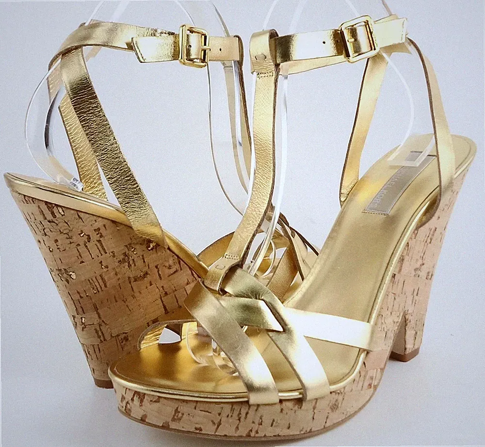 Michael Kors Gitter Gold Leder Designer Italien Keilabsatz T-Riemen Sandalen 10