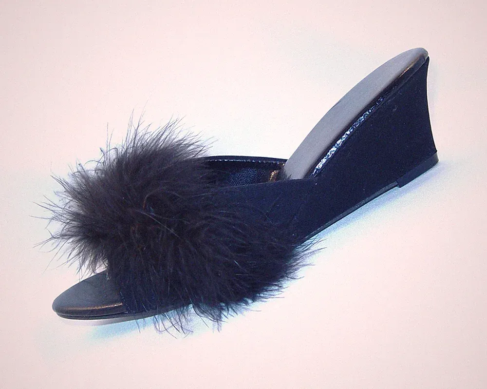 Michelex 807 Schmale Passform Schwarz Satin Keilabsatz Sandalen Hausschuhe 5.1cm