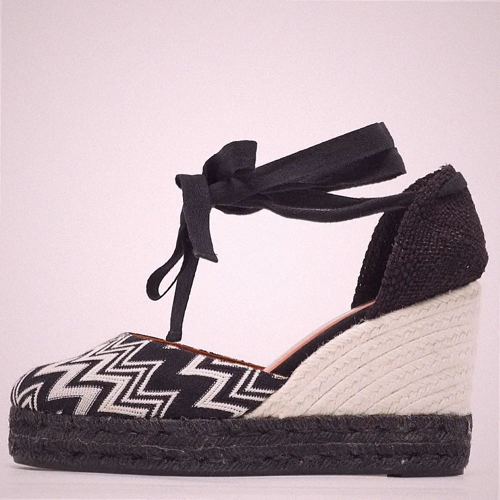 Missoni Gr. 40 schwarz weiß Stoff Keilabsatz Knöchel Wickel Espadrille Sandalen